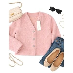 Goelia NWT Pink Faux Fur Cropped Jacket Small Crystal Button Teddy Coat Soft